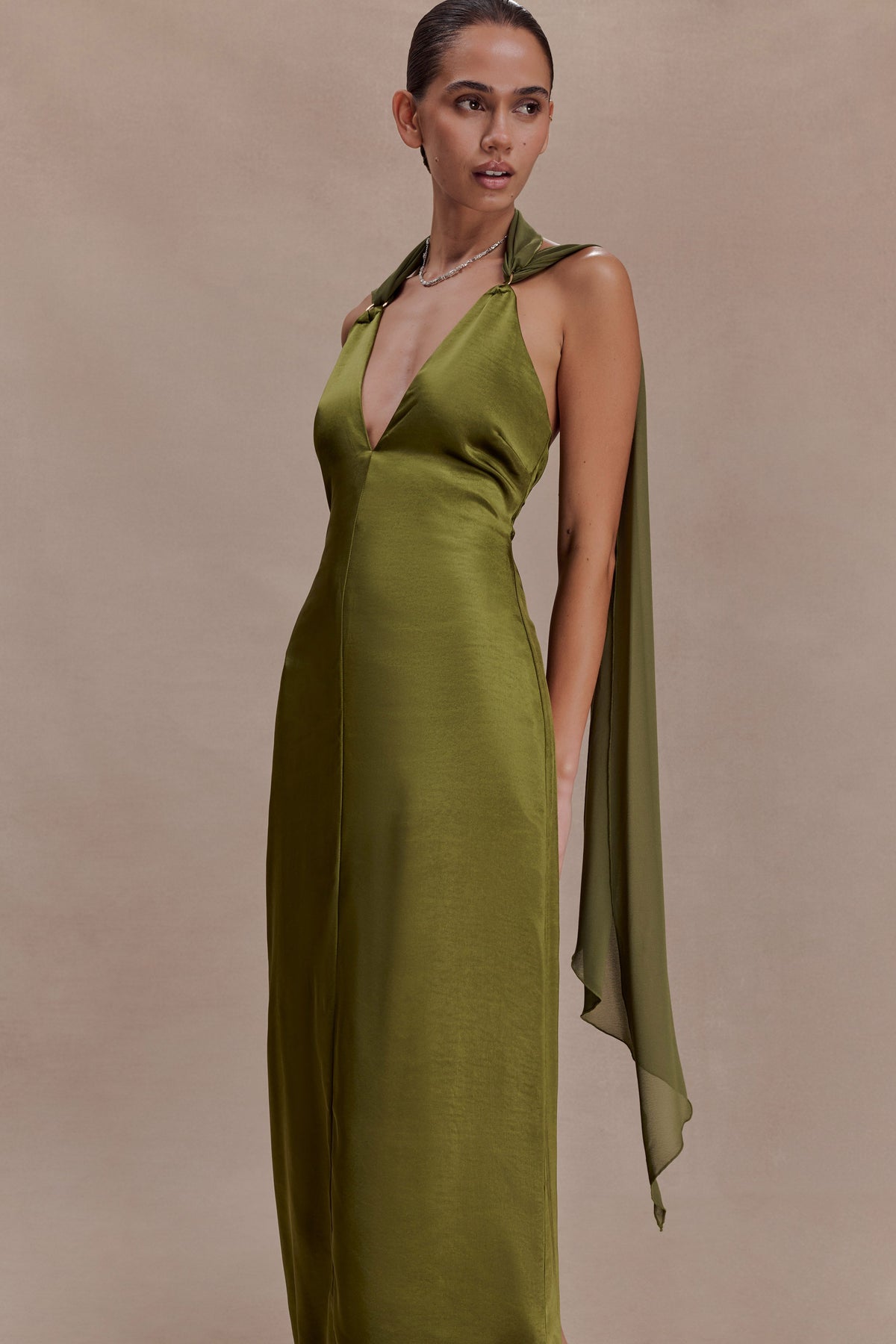 Myla Draped Shoulders Satin Maxi Dress - Khaki