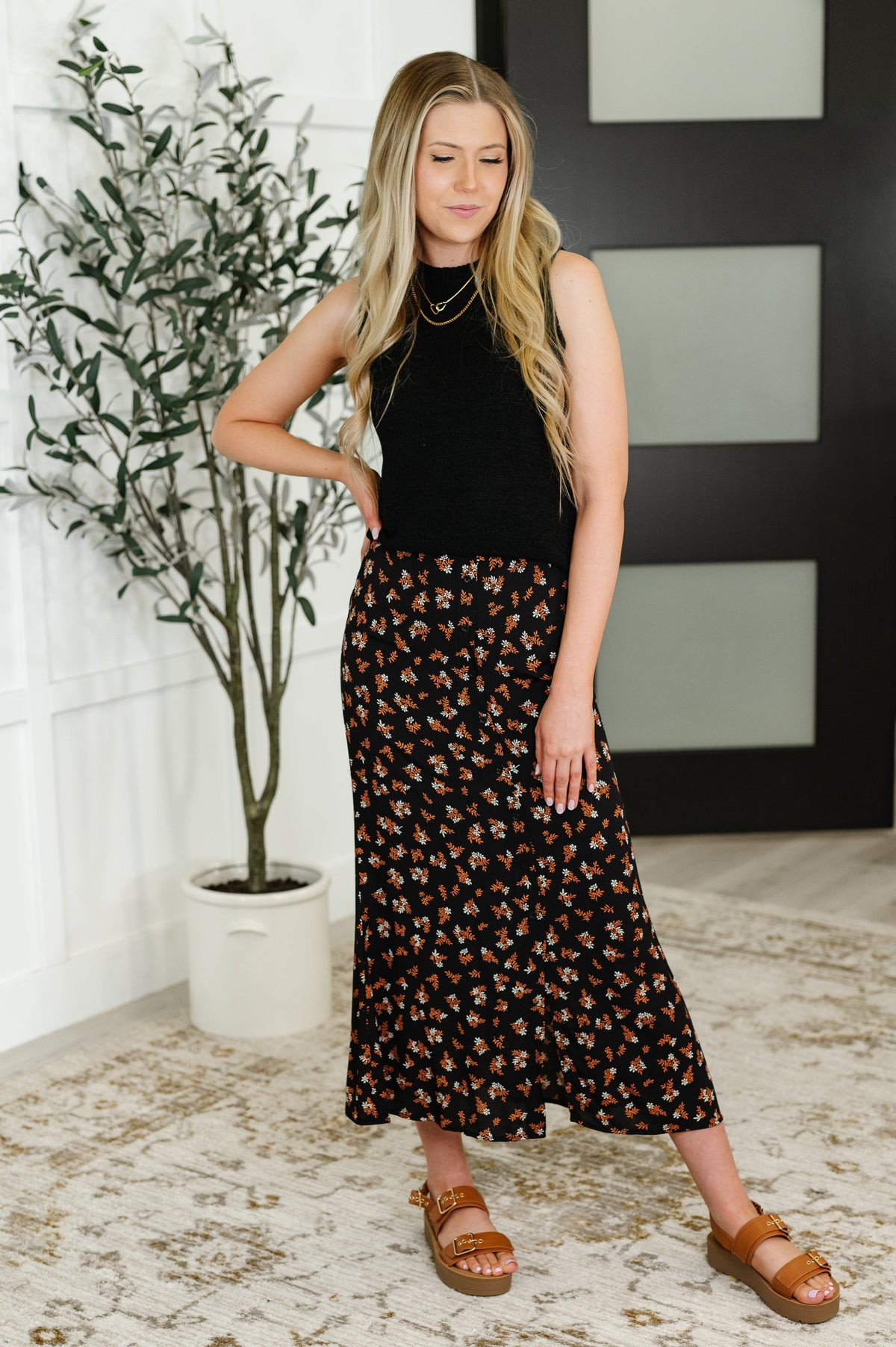 Hazel Blues® | Crisp Kiss Midi Skirt in Rust, White and Black