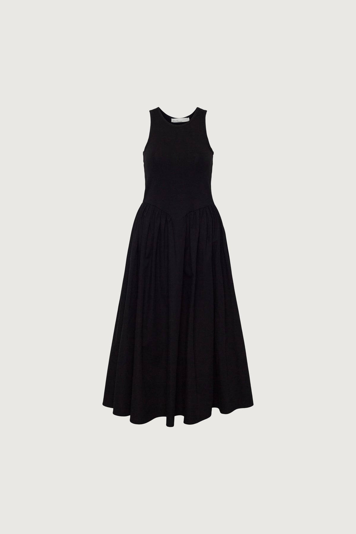 POPLIN RIB-KNIT DROP WAIST MIDI DRESS