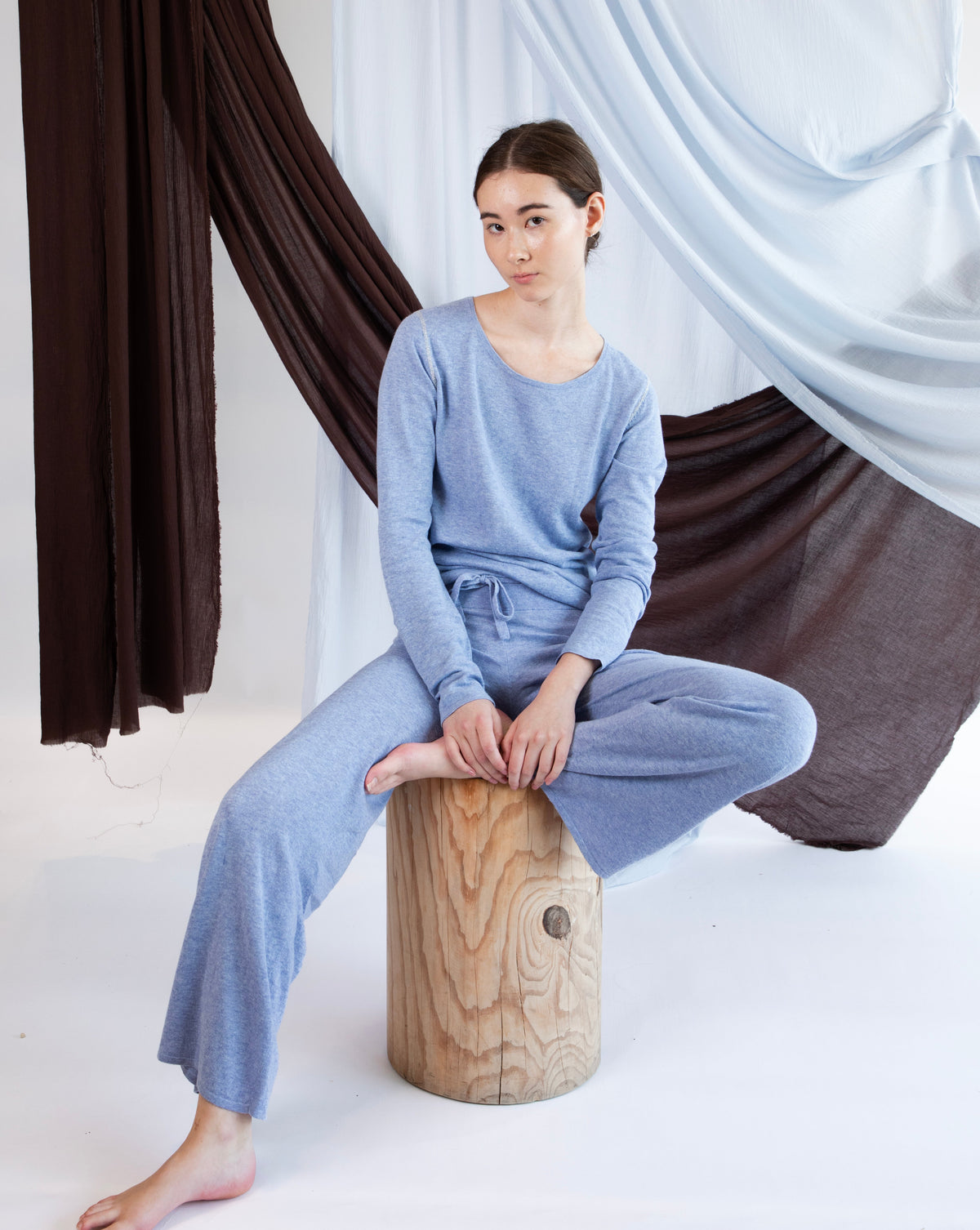 Marcelle Long T-Shirt (Round Neck) - Gingham Blue
