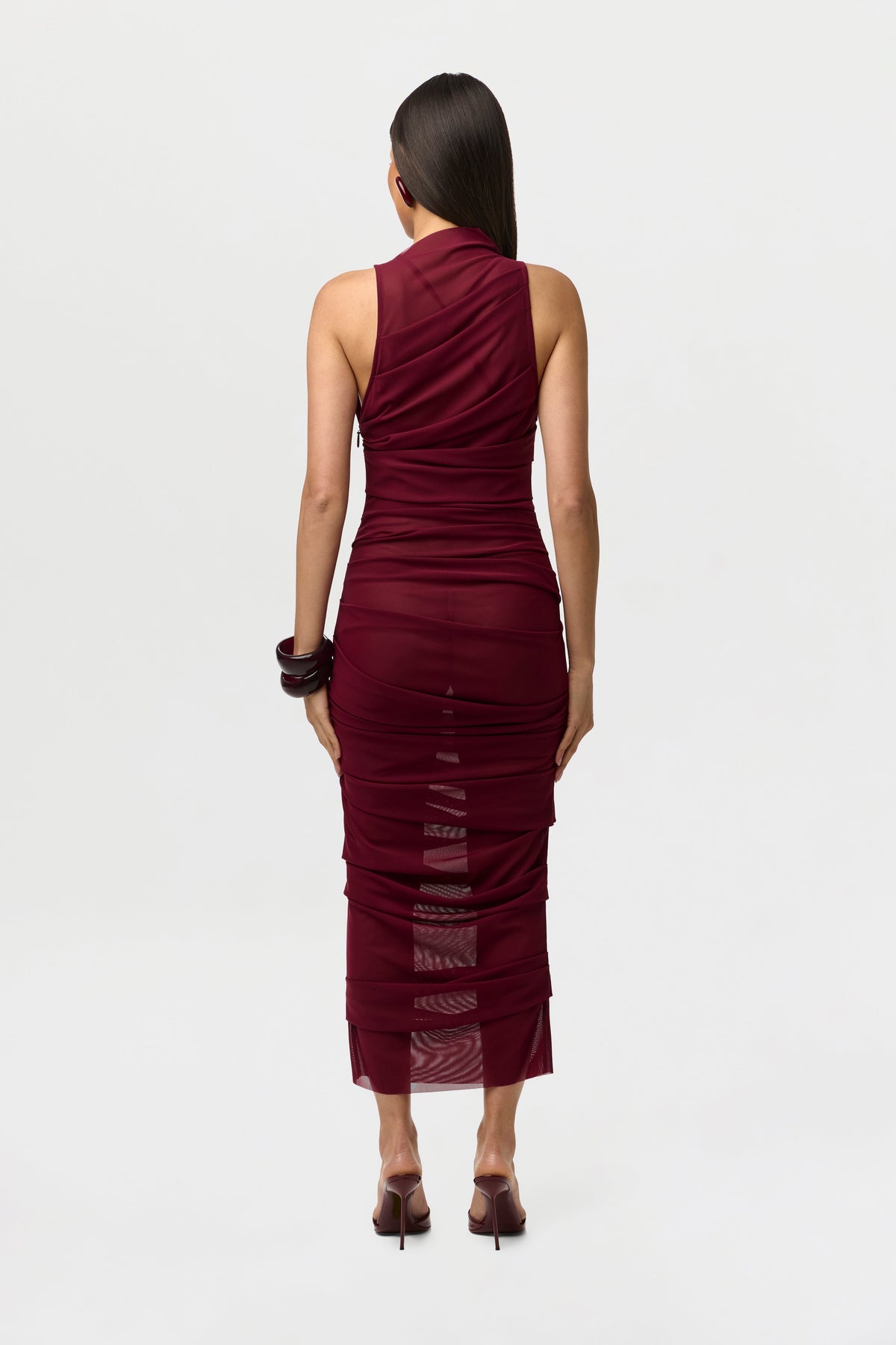 Mesh Asymmetric Pleated Midi Dress