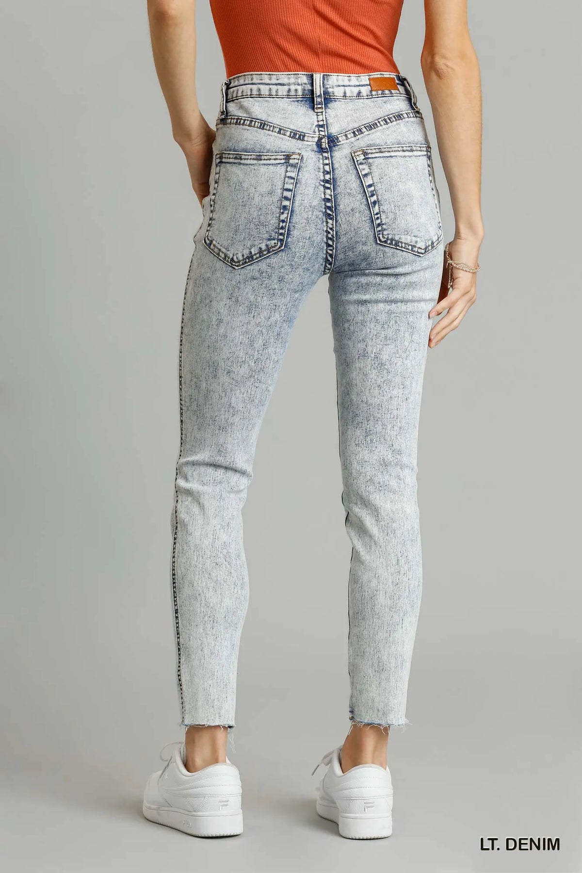 Hazel Blues® | Umgee 5-Pockets Distressed Detail Stretch Denim Skinny Jeans with Unfinished Hem