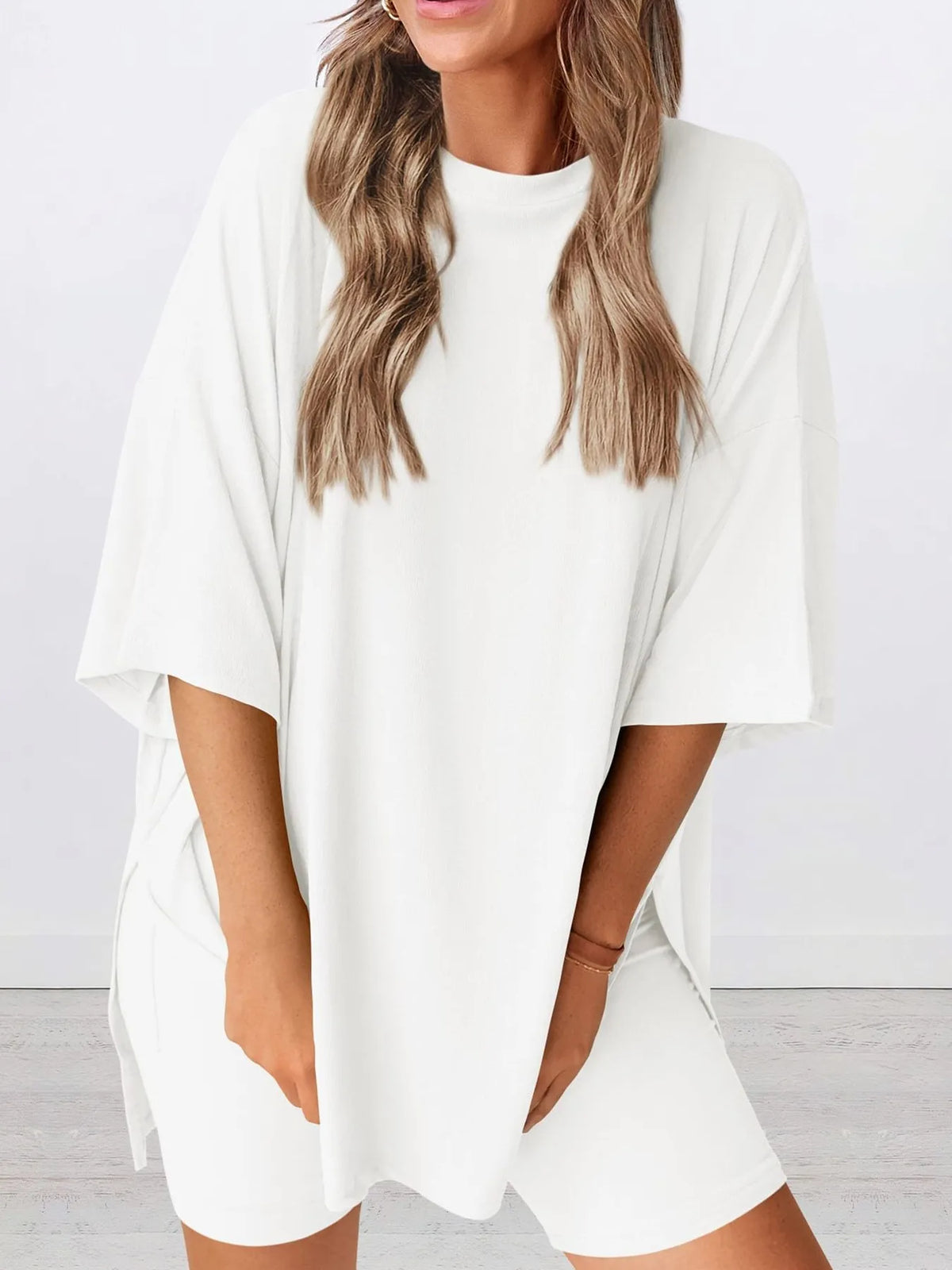 Hazel Blues® | Oversized Slit Round Neck Top and Shorts Lounge Set