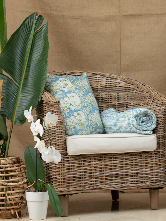 Cabbage Rose Cornflower Blue/Moss Green Decorative Pillow Cover
