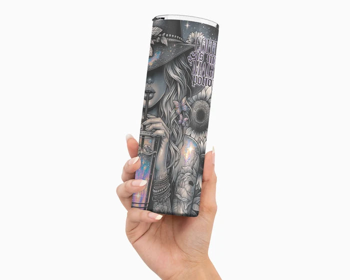 Midnight Blooms and Morning Brews tumbler with colorful galaxy inspired coffee cup