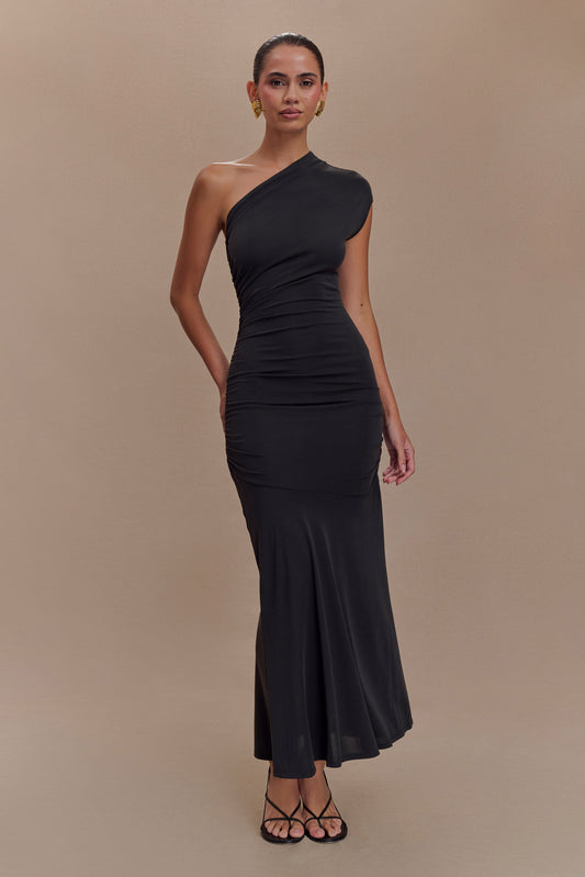 Chloe Peached Jersey One Shoulder Midi Dress - Black