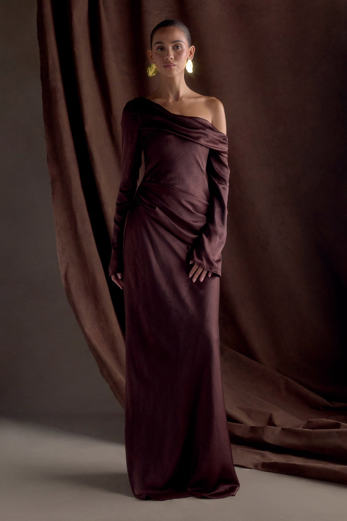 Iris Long Sleeve Satin Maxi Dress - Dark Chocolate