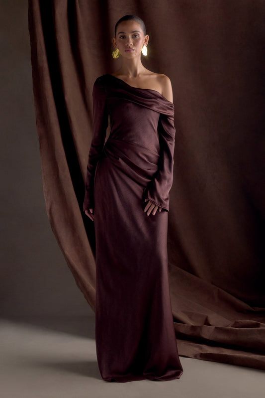 Iris Long Sleeve Satin Maxi Dress - Dark Chocolate