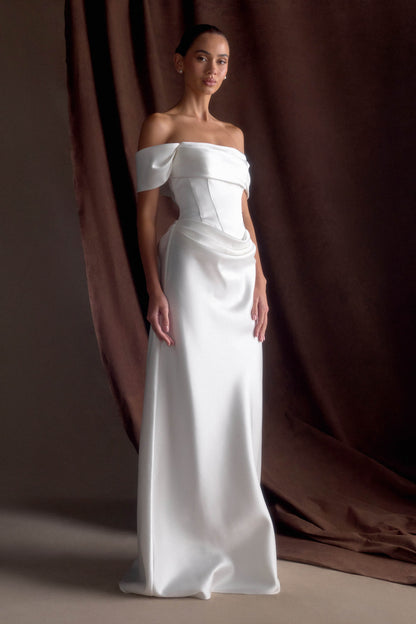 Luna Satin Off Shoulder Gown - White