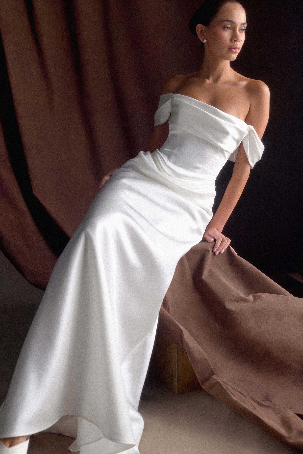 Luna Satin Off Shoulder Gown - White