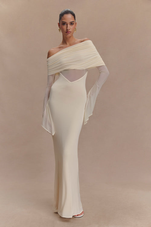 Kaitlin One Shoulder Slinky And Mesh Maxi Dress - Ivory
