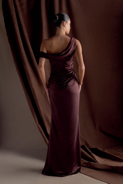 Dalia Off Shoulder Satin Maxi Dress - Dark Chocolate