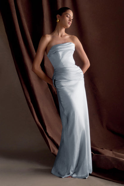 Jasmine Strapless Satin Maxi Dress - Frosted Blue