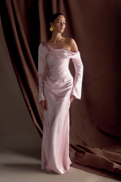 Iris Long Sleeve Satin Maxi Dress - Soft Pink