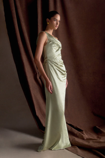 Dalia Off Shoulder Satin Maxi Dress - Sage