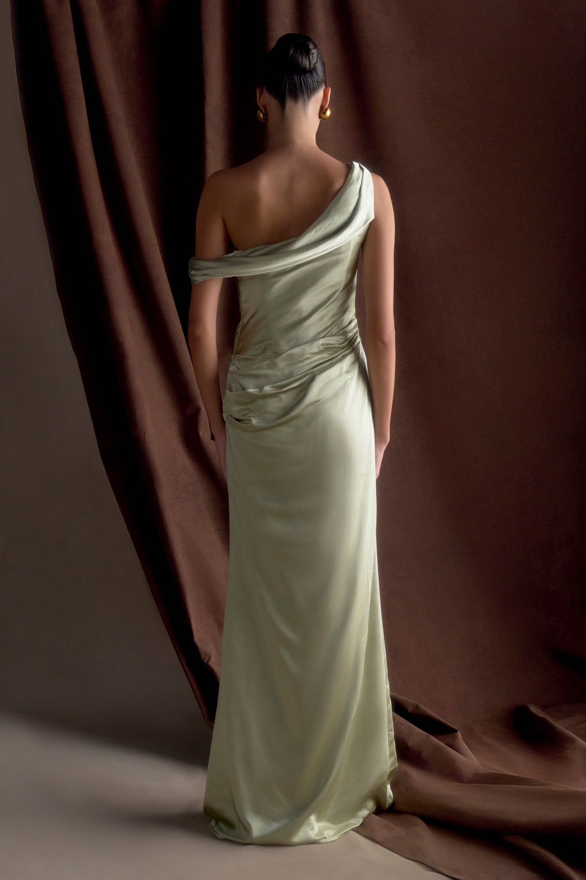 Dalia Off Shoulder Satin Maxi Dress - Sage