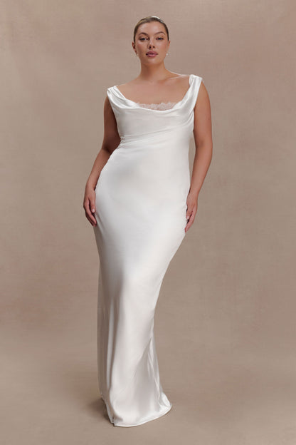 Ashley Cowl Neck Lace And Satin Maxi Dress - Ivory