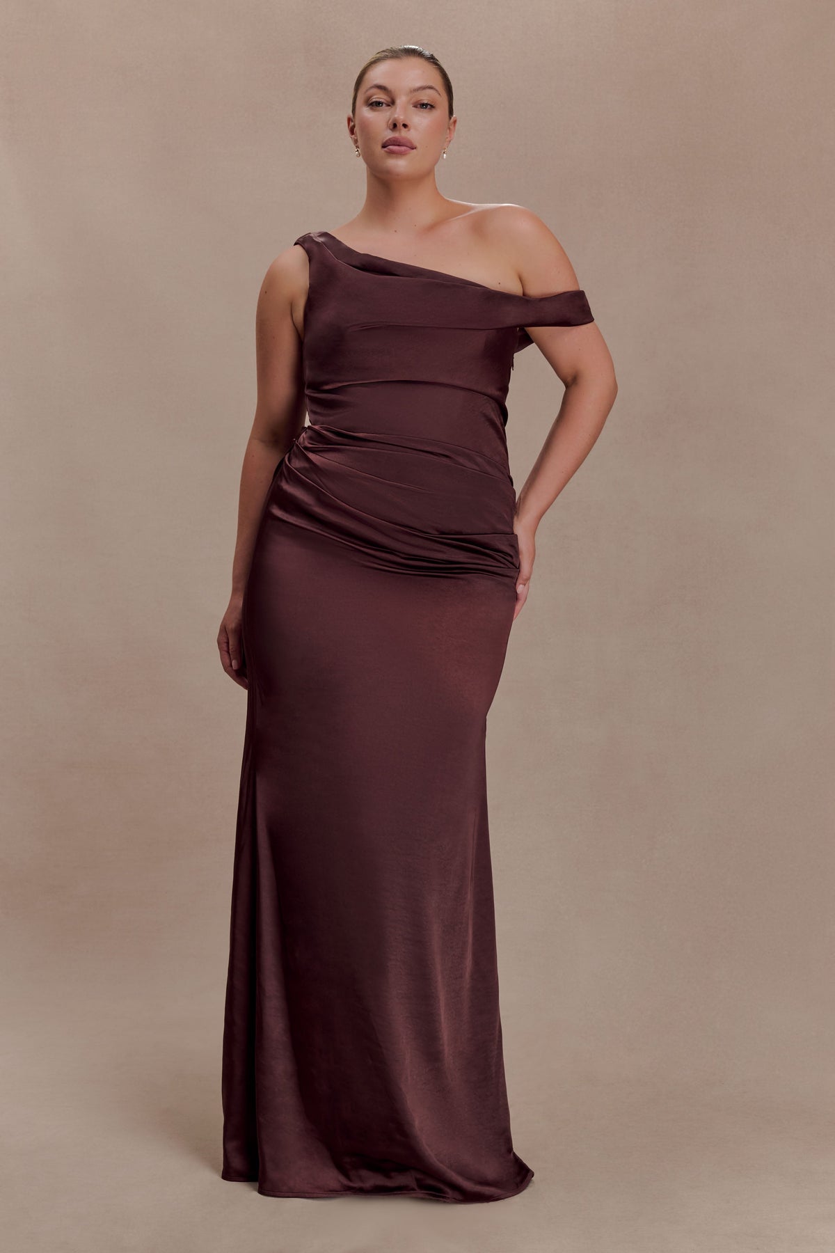 Dalia Off Shoulder Satin Maxi Dress - Dark Chocolate
