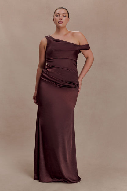Dalia Off Shoulder Satin Maxi Dress - Dark Chocolate