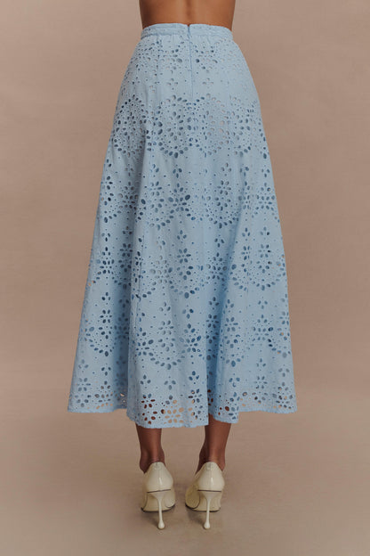 Arla Broderie Midi Skirt - Pale Cornflower Blue