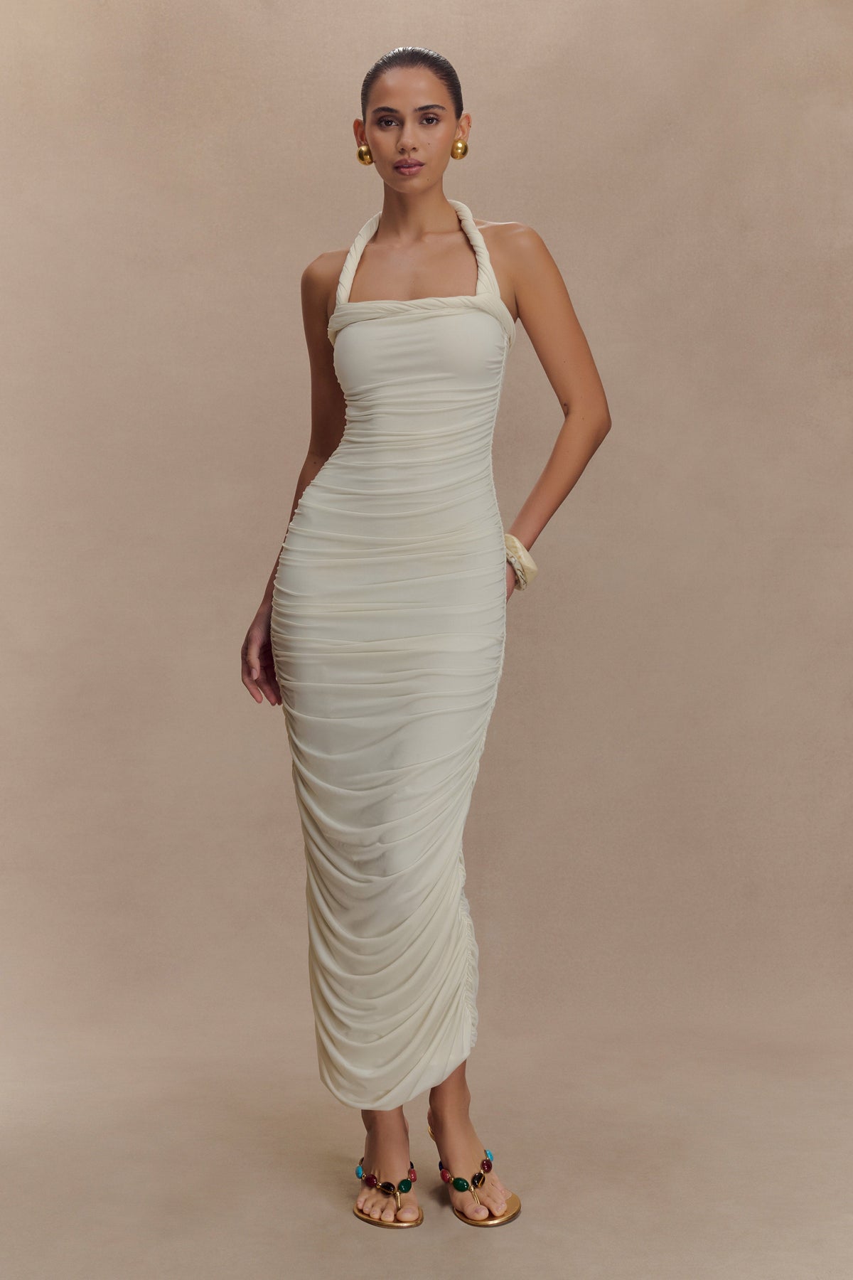 Camila Ruched Halter Midi Dress - Ivory