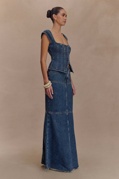 Loretta Cap Sleeve Denim Top - Washed Dark Blue
