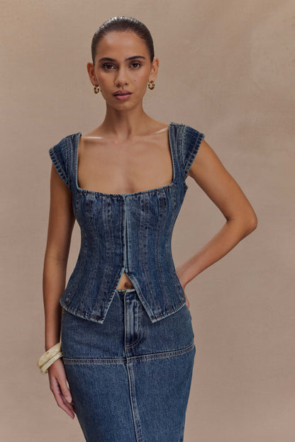 Loretta Cap Sleeve Denim Top - Washed Dark Blue