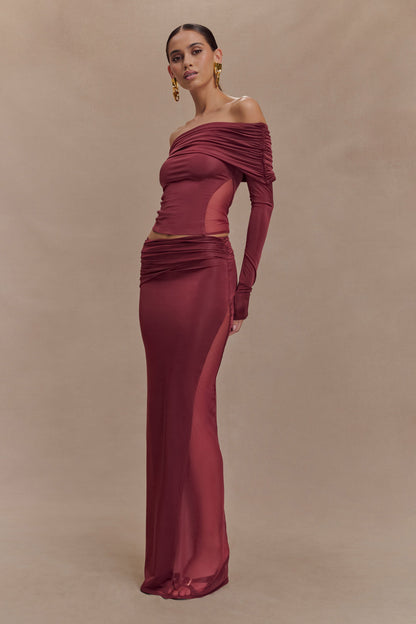 Judy Slinky And Mesh Off Shoulder Top - Wine