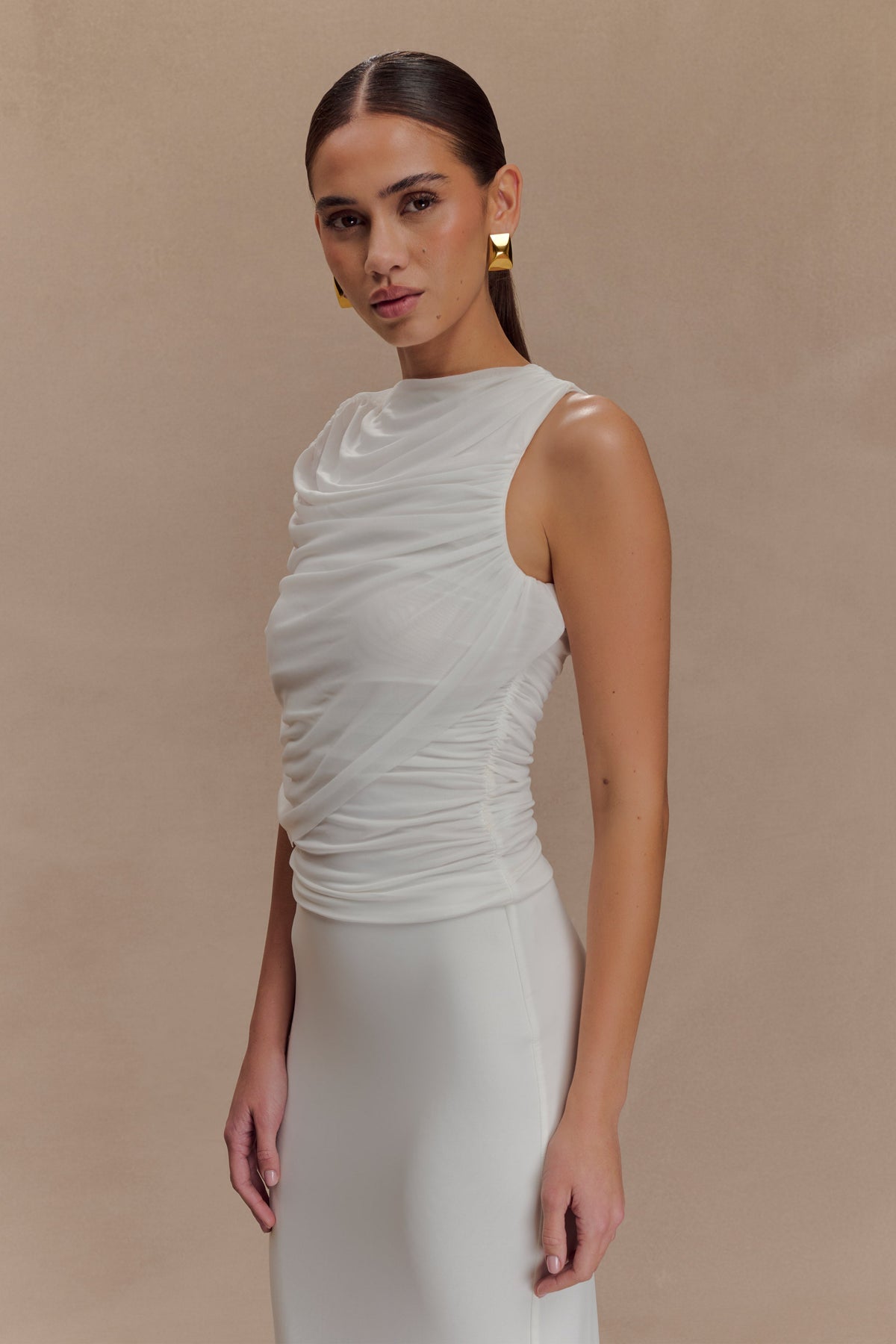 Pruedance Slinky Draped Top With Mesh Overlay - White