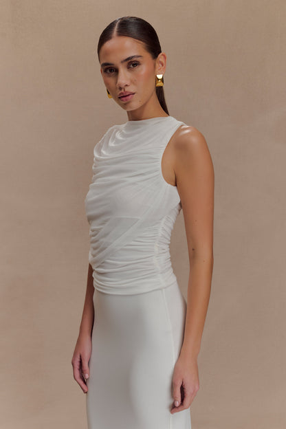 Pruedance Slinky Draped Top With Mesh Overlay - White