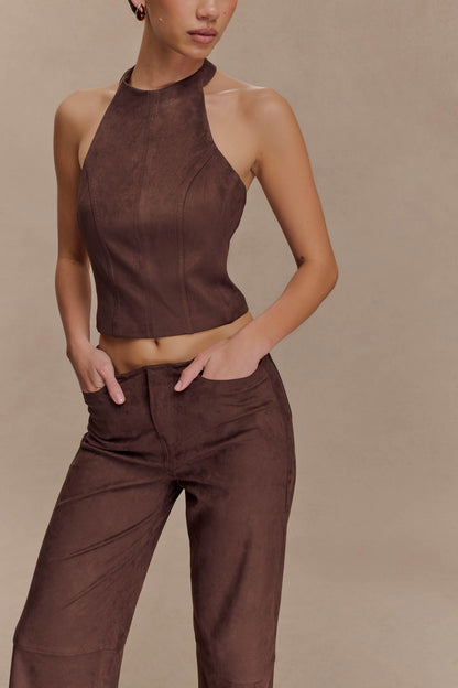Logan Faux Suede Halter Top - Dark Chocolate