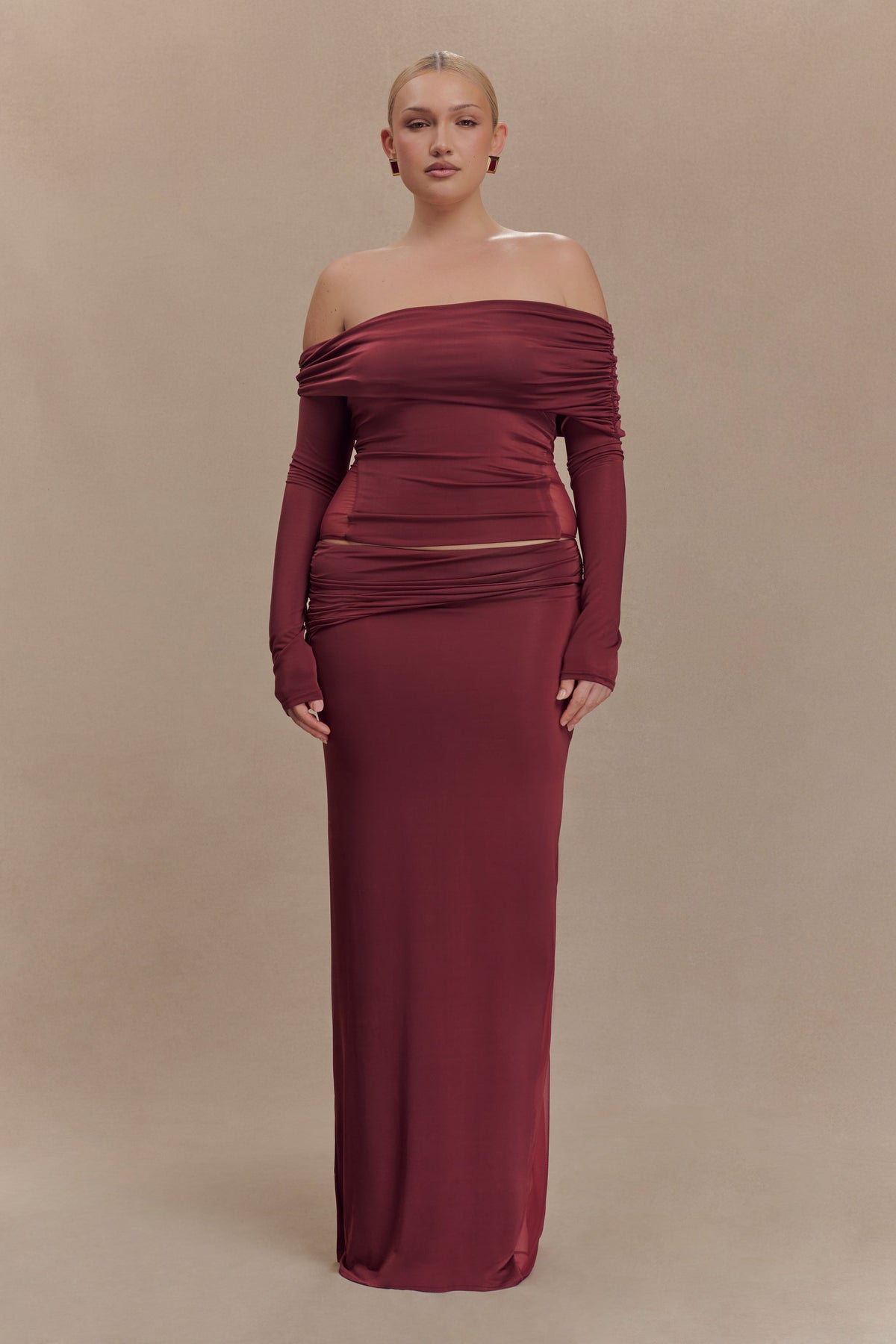 Judy Slinky And Mesh Off Shoulder Top - Wine