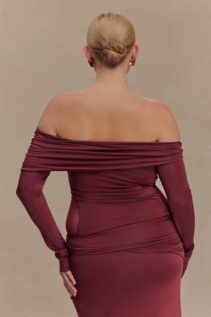 Judy Slinky And Mesh Off Shoulder Top - Wine