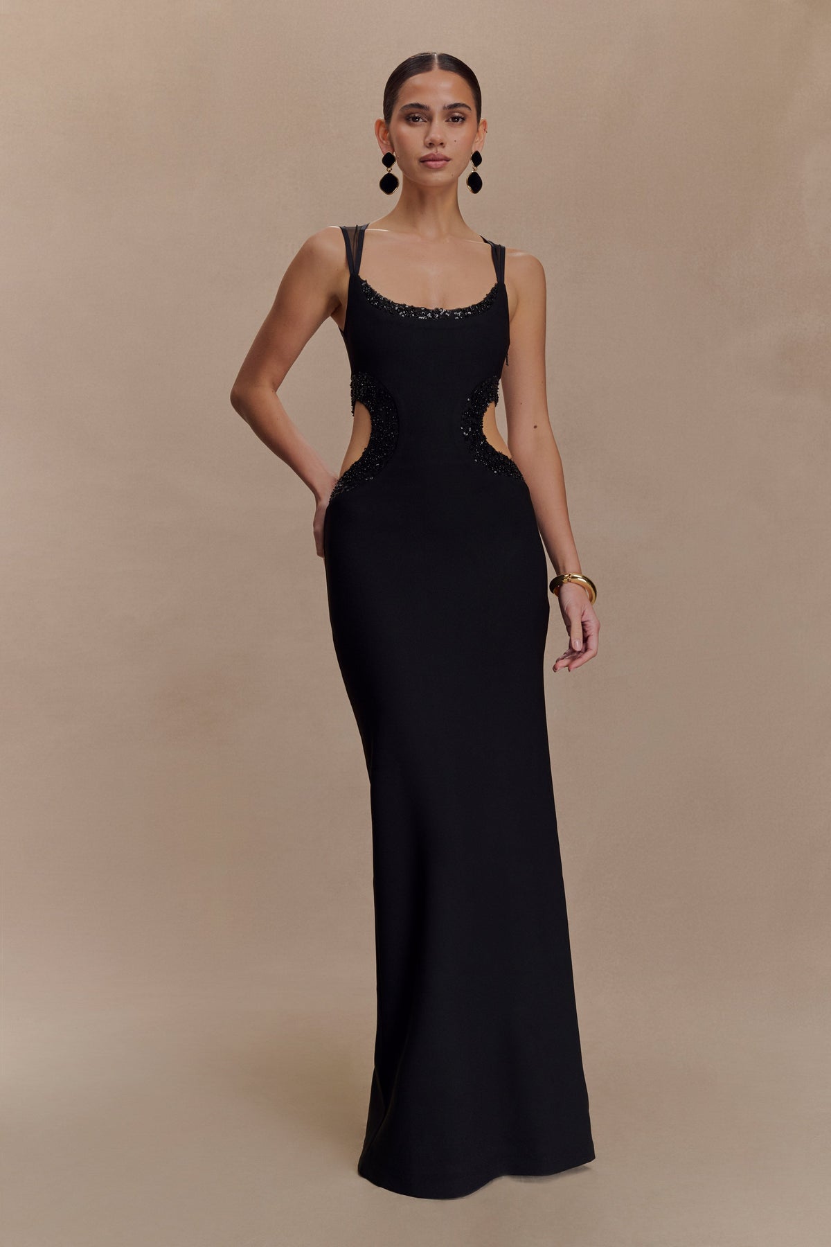 Angelique Beaded Crepe Maxi Dress - Black