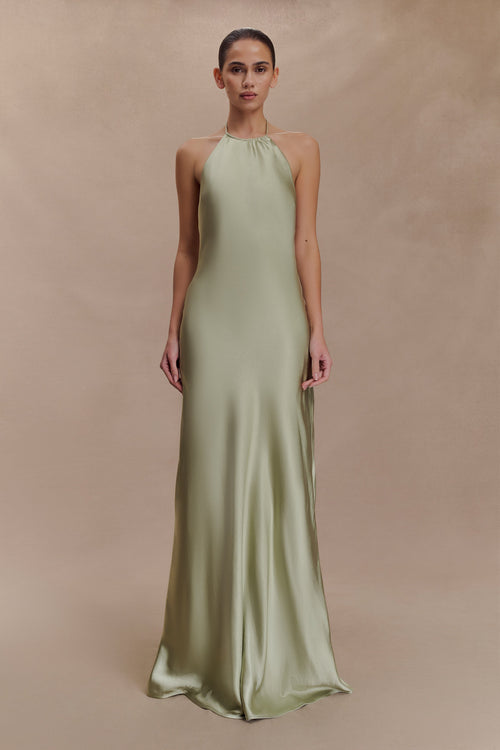 Bella Satin Halter Maxi Dress - Sage
