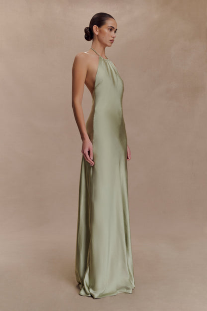 Bella Satin Halter Maxi Dress - Sage