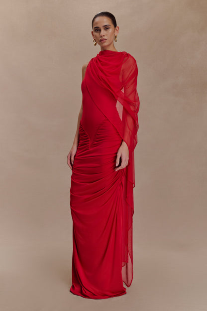 Amandine Ruched Slinky Maxi Dress - Ruby