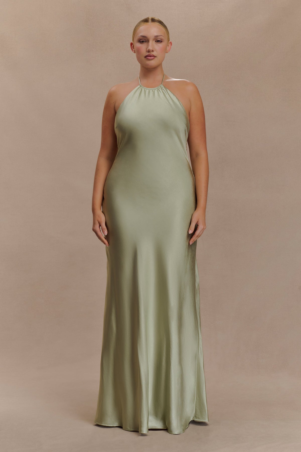 Bella Satin Halter Maxi Dress - Sage