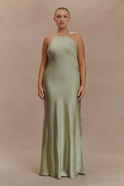Bella Satin Halter Maxi Dress - Sage