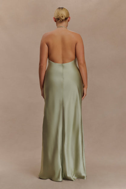 Bella Satin Halter Maxi Dress - Sage