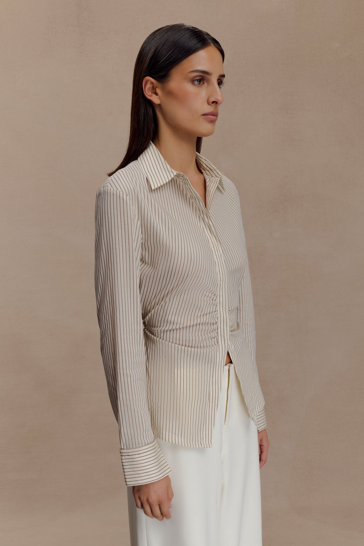 Millie Tie Back Cotton Shirt - Beige Pinstripe
