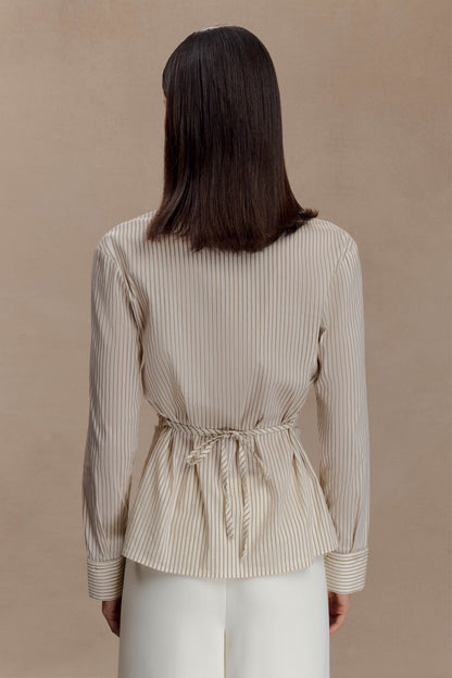 Millie Tie Back Cotton Shirt - Beige Pinstripe