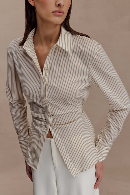 Millie Tie Back Cotton Shirt - Beige Pinstripe