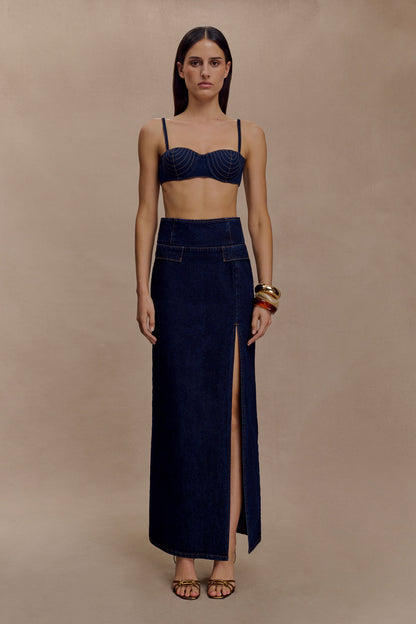 Maylena High Rise Denim Maxi Skirt - Indigo Blue
