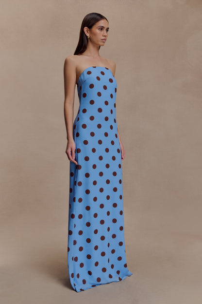 Amaya Strapless Chiffon Maxi Dress - Blue Polka Dot