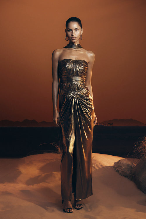 Clemence Plisse Maxi Dress - Gold
