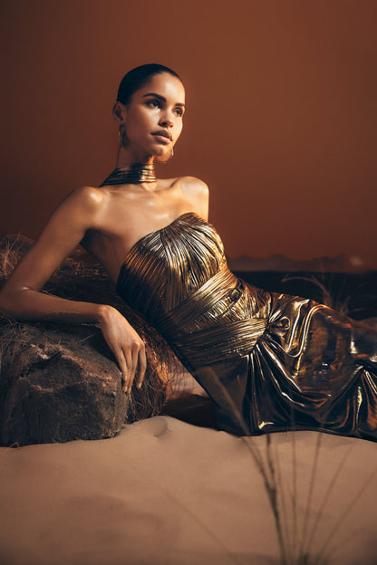 Clemence Plisse Maxi Dress - Gold