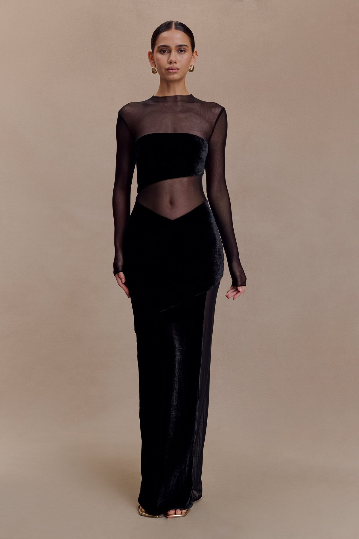 Davina Velvet And Mesh Maxi Dress - Black