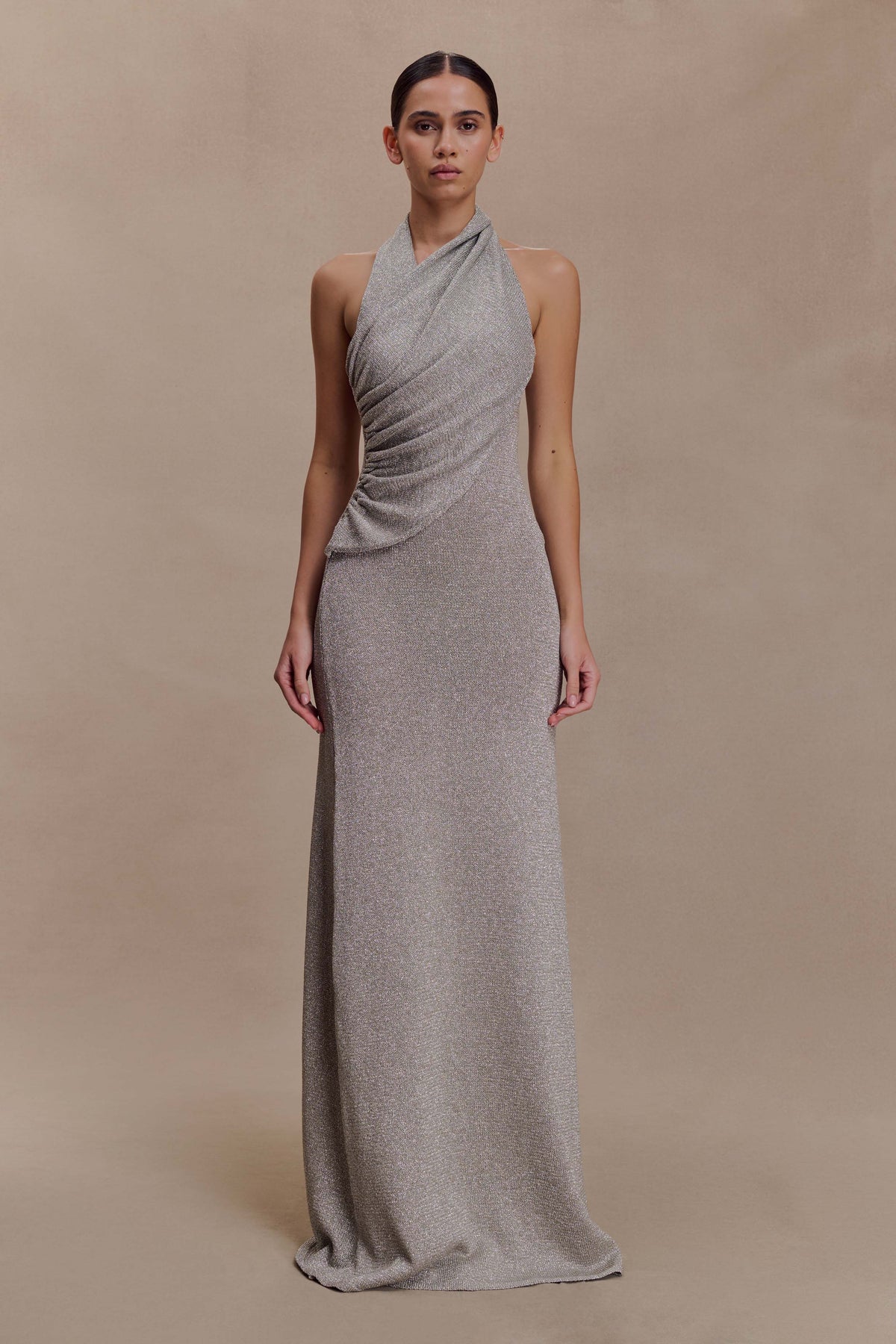 Elma Lurex Knit Halter Maxi Dress - Silver