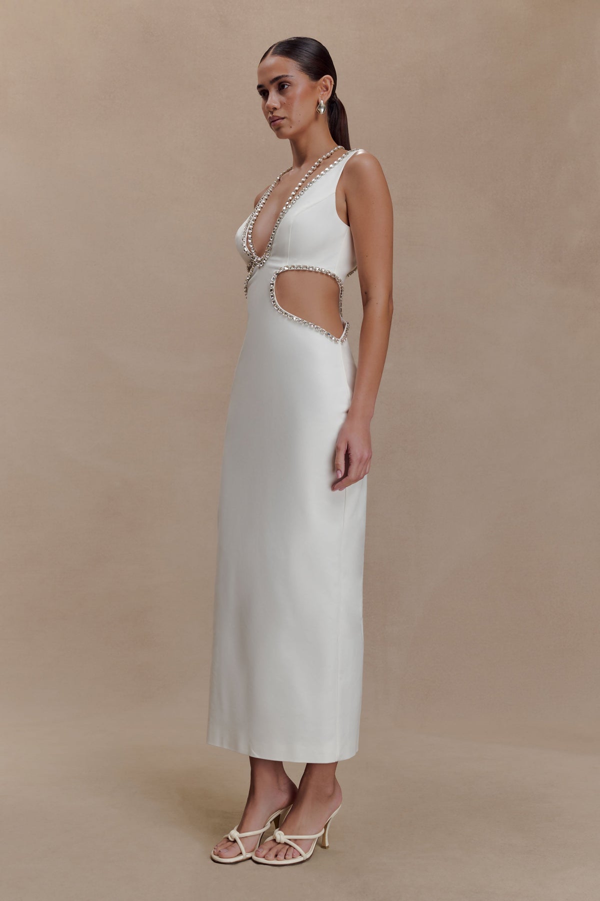 Henny Diamante Trim Cut Out Midi Dress - White